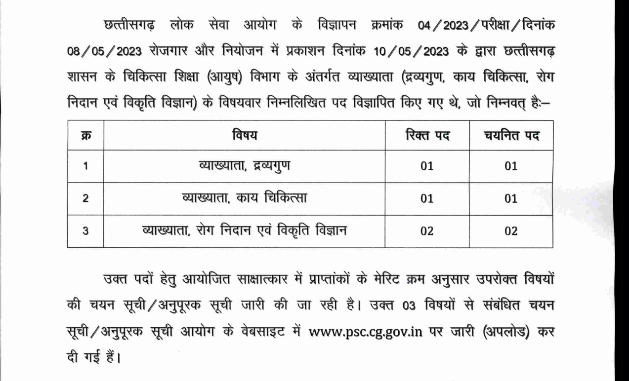 लोक सेवा आयोग: चिकित्सा शिक्षा (आयुष) विभाग के अंतर्गत व्याख्याता पदों का चयन सूची जारी